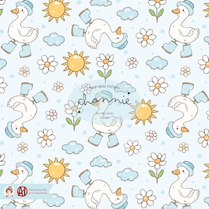 May include: A seamless pattern featuring a cute cartoon goose wearing a blue hat and boots, walking on a light blue background with yellow suns, white daisies, and blue clouds. The text "chomie" is in the center of the pattern.