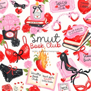 Op de afbeelding: Een digitale afbeelding met een witte achtergrond met diverse rode en roze elementen, waaronder lingerie, rozen, boeken en een schoen met hoge hakken. De tekst "Smut Book Club" is prominent aanwezig, samen met andere tekstelementen zoals "Spicy Book Club" en "Forbidden Love."