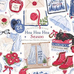 May include: A collection of digital illustrations featuring a black cat, red boots, books titled Romance & Ruin, Villains & Vows, Nightfall Academy, and Hearts That Bite, a window with curtains, a bouquet of red flowers, and text reading Hoa Hoa Hoa Season.