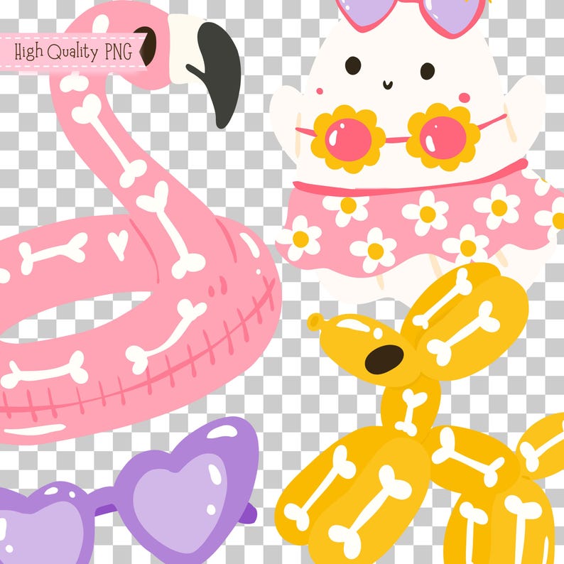 May include: A collection of whimsical illustrations featuring a pink flamingo pool float, a white ghost wearing a pink floral dress and sunglasses, a yellow balloon dog, and purple heart-shaped sunglasses. The text "High Quality PNG" is visible.