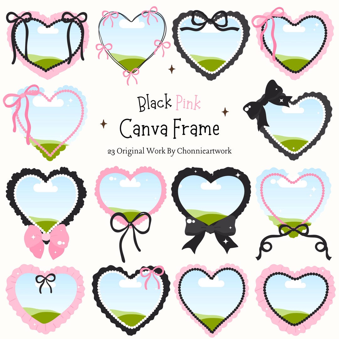 Black Pink Heart Shape Canva Frame Template Canva Drag & Drop Frame ...