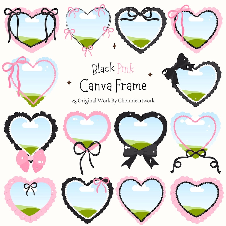 Black Pink Heart Shape Canva Frame Template Canva Drag & Drop Frame ...