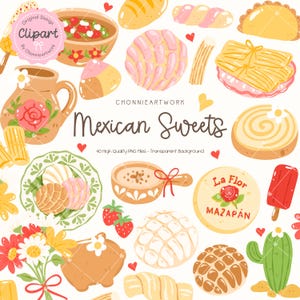May include: A collection of colorful illustrations of Mexican sweets, including conchas, tamales, and paletas. The image features the text "Mexican Sweets" and "La Flor Mazapan". The design includes hearts, flowers, and a cactus.