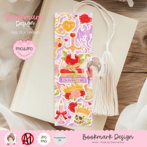 May include: A decorative bookmark featuring a sword, roses, a dragon, and a skull with a crown. The bookmark is 2.5 x 7 inches and has a white tassel. The text "Bookmark Design" is visible.