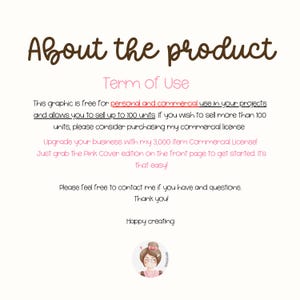 May include: A digital art graphic with text that reads "About the product" and "Term of Use". The text explains the terms of use for the graphic, including personal and commercial use, and a commercial license option.