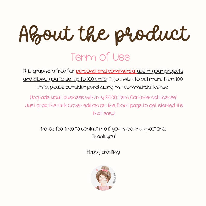 May include: A digital art graphic with text that reads "About the product" and "Term of Use". The text explains the terms of use for the graphic, including personal and commercial use, and a commercial license option.