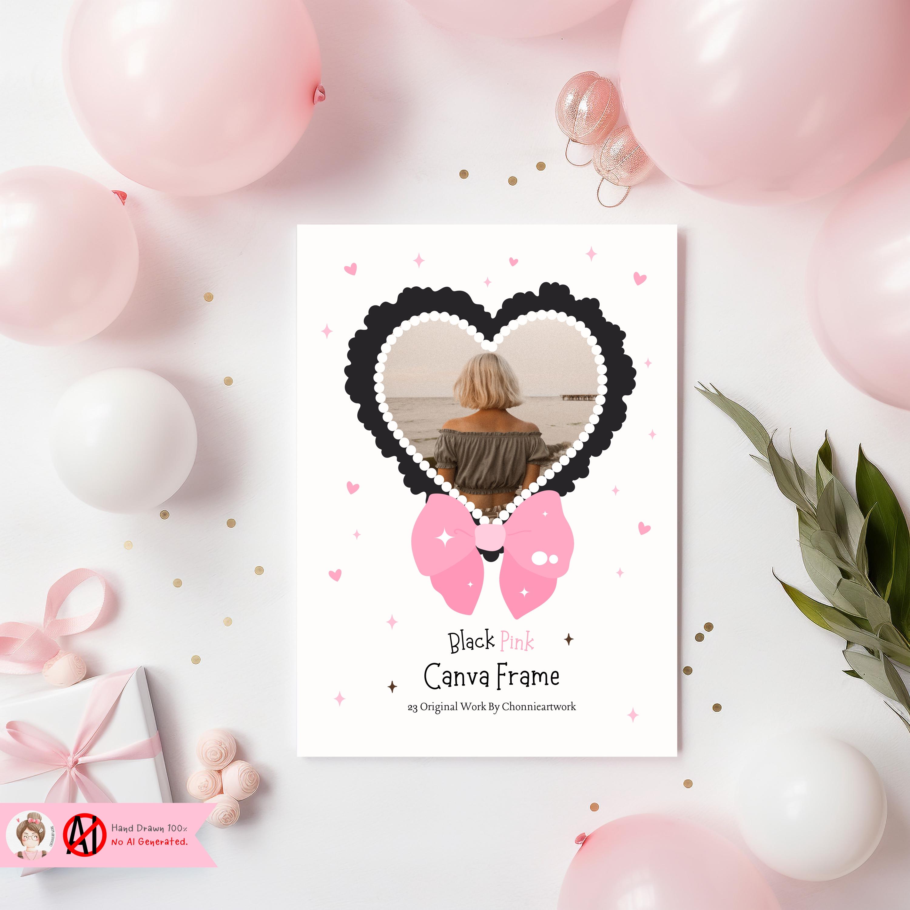 Black Pink Heart Shape Canva Frame Template Canva Drag & Drop Frame ...