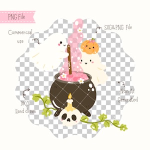 May include: A whimsical Halloween-themed illustration featuring a black cauldron with pink potion, two friendly ghosts, and a smiling pumpkin. A skull candle and green vines with leaves are also present. The image includes the text "PNG File", "Commercial use", "SVG & PNG File", "100% Hand drawn", and "Non AI Generated".