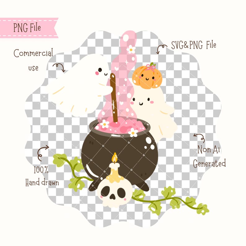 May include: A whimsical Halloween-themed illustration featuring a black cauldron with pink potion, two friendly ghosts, and a smiling pumpkin. A skull candle and green vines with leaves are also present. The image includes the text "PNG File", "Commercial use", "SVG & PNG File", "100% Hand drawn", and "Non AI Generated".