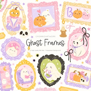 Pode incluir: Ilustrações digitais caprichosas com fantasmas e abóboras em molduras ornamentadas. As molduras são em várias cores, incluindo rosa, roxo e dourado, com elementos decorativos como laços e estrelas. O texto diz "Ghost Frames".