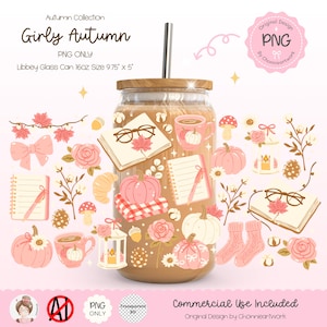 May include: A set of digital clipart featuring girly autumn illustrations. The set includes a mason jar with a straw, pumpkins, leaves, flowers, books, glasses, and socks. The illustrations are in pink, brown, and white colors. The text "Girly Autumn" is included in the image.