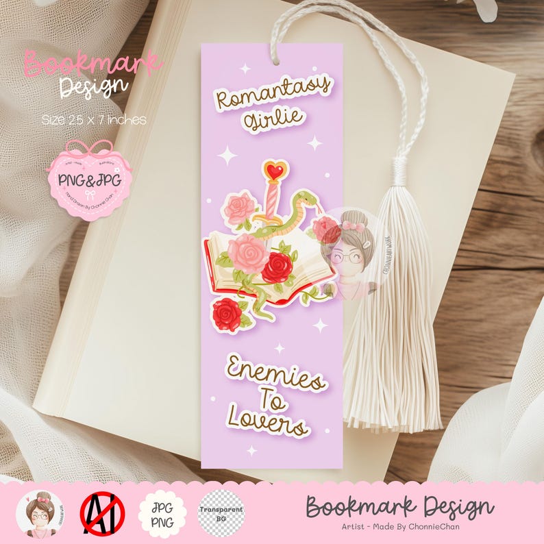 May include: A lavender bookmark with the text "Romantasy Girlie" and "Enemies To Lovers". It features a snake, roses, and a sword design. The bookmark is 25 x 7 inches and has a white tassel.