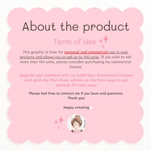 May include: Pink graphic with text that reads "About the product" and "Term of Use". The text explains that the graphic is free for personal and commercial use up to 100 units.  To sell more than 100 units, a commercial license is required.  The text also mentions a 5,000-item Commercial License available for purchase.