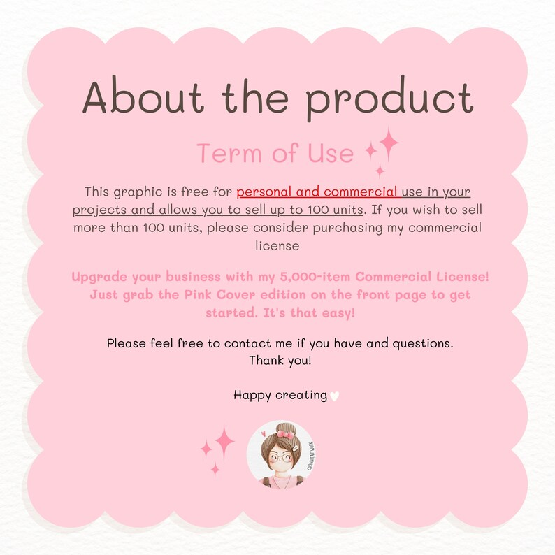 May include: Pink graphic with text that reads "About the product" and "Term of Use". The text explains that the graphic is free for personal and commercial use up to 100 units.  To sell more than 100 units, a commercial license is required.  The text also mentions a 5,000-item Commercial License available for purchase.