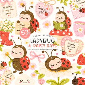 Puede incluir: Un conjunto de ilustraciones digitales con mariquitas, margaritas y corazones rosas. Los elementos incluyen mariquitas leyendo, sosteniendo carteles con texto y descansando sobre flores. Texto: CHONNIEARTWORK LADYBUG & DAISY DAYS.