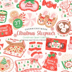 Puede incluir: Una colección digital de 37 ilustraciones con temática navideña que incluye un hombre de jengibre, pantuflas de reno, una caja de pizza, una cinta VHS roja etiquetada Christmas Classics, una bolsa de snacks, calcetines y chocolate caliente con malvaviscos.