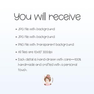 May include: You will receive a JPG file with background, a JPG file with background, a PNG file with transparent background. All files are 10x10 inches and 300 dpi. Each detail is hand-drawn with care, 100% handmade and crafted with a personal touch.