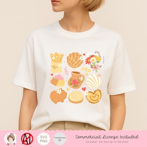 May include: Cream-colored t-shirt featuring a colorful illustration of various baked goods and flowers. The design includes a concha, a bouquet, and other pastries. The shirt has a commercial license for up to 100 units.