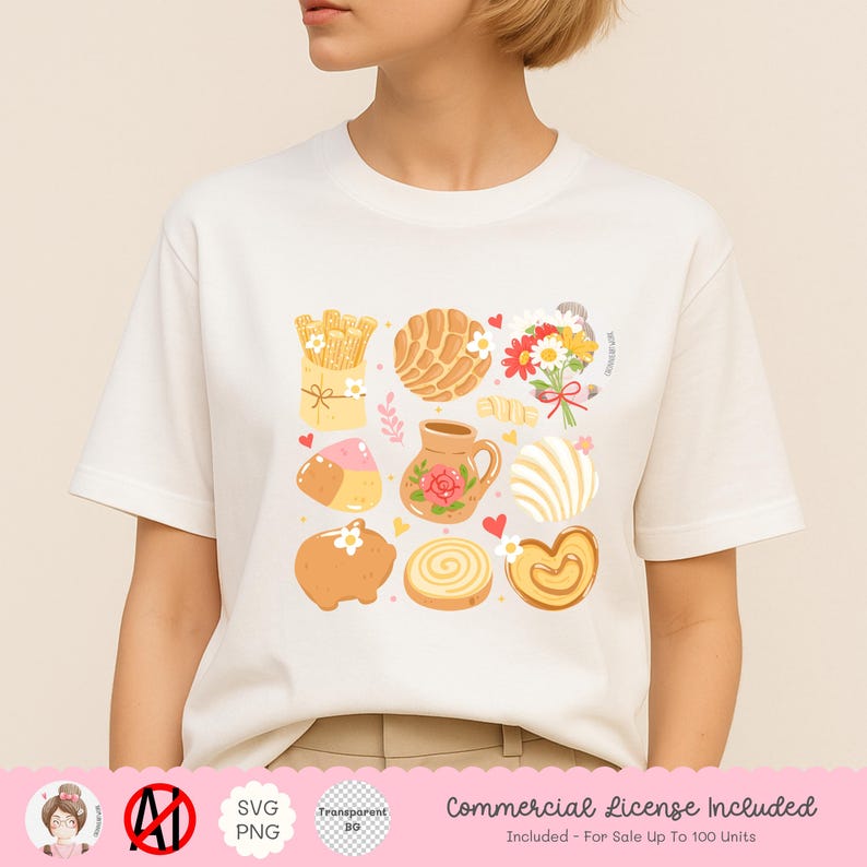 May include: Cream-colored t-shirt featuring a colorful illustration of various baked goods and flowers. The design includes a concha, a bouquet, and other pastries. The shirt has a commercial license for up to 100 units.