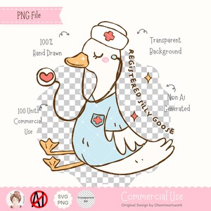 May include: A cartoon illustration of a goose wearing a blue nurse's uniform with a red cross on the pocket. The goose is holding a stethoscope and a red heart. The text "REGISTERED SILLY GOOSE" is written on the goose's right side.