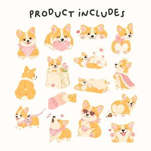 May include: A collection of cartoon corgi illustrations in various poses. The corgis are depicted with orange and white fur, wearing accessories like bandanas, sunglasses, and crowns. The phrase "PRODUCT INCLUDES" is at the top.