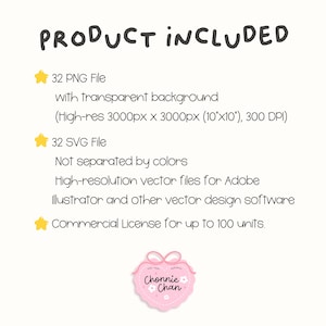 May include: A digital product listing featuring the text PRODUCT INCLUDED, 32 PNG files with transparent backgrounds at 3000px by 3000px (10 inches by 10 inches), 32 SVG files, and a commercial license for up to 100 units, with a Chonnie Chan logo.