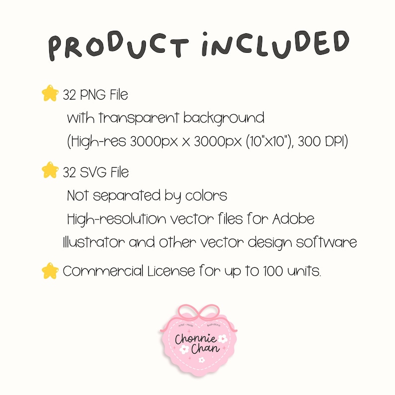 May include: A digital product listing featuring the text PRODUCT INCLUDED, 32 PNG files with transparent backgrounds at 3000px by 3000px (10 inches by 10 inches), 32 SVG files, and a commercial license for up to 100 units, with a Chonnie Chan logo.