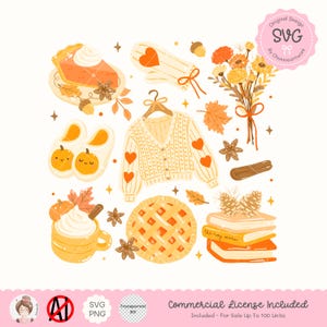 May include: A collection of fall-themed illustrations, including a slice of pumpkin pie, a cozy cardigan with heart accents, a bouquet of flowers, and a pair of pumpkin slippers. The image also includes text that says "Original Design SVG by Chonnieartwork" and "Commercial License Included".