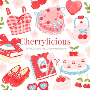 May include: A collection of red and pink illustrations with a cherry theme. Includes a gingham top, cake, teapot, books, shoes, heart-shaped sunglasses, and the text "Cherrylicious".