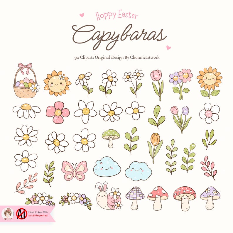 May include: A set of 90 Easter-themed clip art images featuring capybaras, flowers, mushrooms, butterflies, clouds, and other spring elements. The images are hand-drawn in a cute and whimsical style.