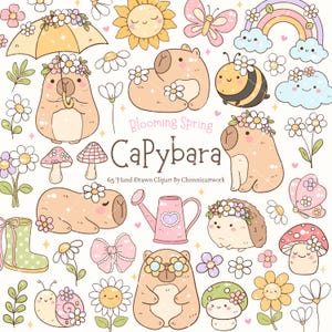 Frühling Capybara Clipart Set SVG PNG Retro Capybara Frühlingsgarten Blumen Hippie Capybara Groovy Capybara Geschenk Blumen Natur Aufkleber Planer