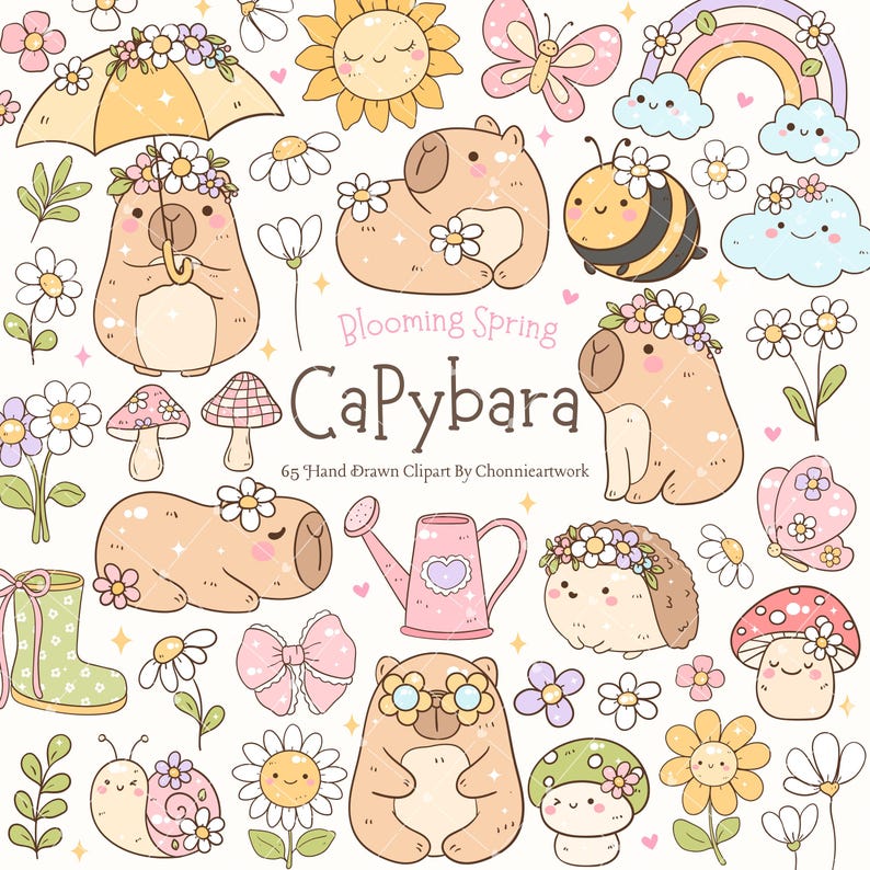 May include: A collection of hand-drawn spring-themed clipart featuring capybaras, flowers, butterflies, and rainbows. The illustrations are in soft pastel colors, with the text "Blooming Spring Capybara" and "65 Hand Drawn Clipart By Chonnieartwork".