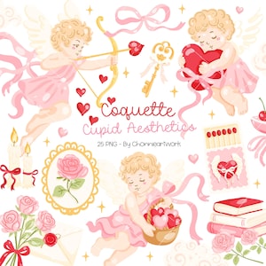 Peut inclure: Illustration numérique avec des chérubins, des cœurs, des nœuds, des roses et des éléments romantiques dans des tons roses, rouges et dorés. Le texte indique "Coquette Cupid Aesthetics". Un design charmant et romantique.