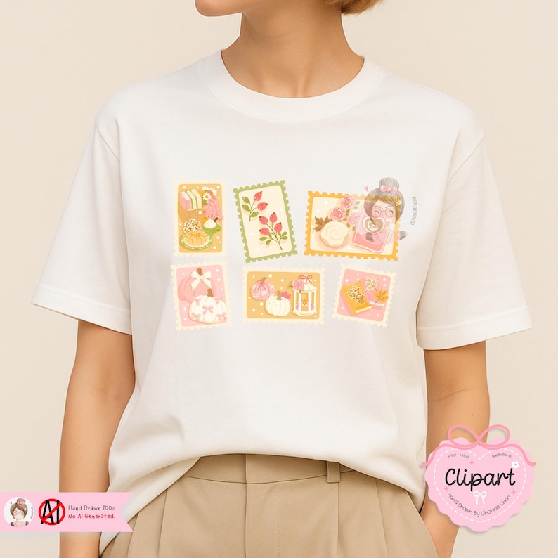 May include: White t-shirt featuring a colorful stamp design. The stamps depict various illustrations, including floral arrangements, a woman with glasses, and decorative objects. The shirt has short sleeves and a crew neck.