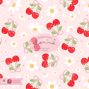 Op de afbeelding: Een naadloos patroon met rode kersen met roze strikken en witte madeliefjes op een roze achtergrond. De tekst "Seamless Pattern" en "channie" bevinden zich in het midden van de afbeelding. De tekst "JPG PNG 10"x10" 300 DPI" bevindt zich onder de tekst "channie".