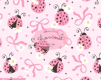 Pink Ladybug and Bow Seamless Pattern JPG PNG Cute Red Ladybug Coquette Ribbon Bow Digital Paper Cottagecore Bug  Bloom Repeating Background