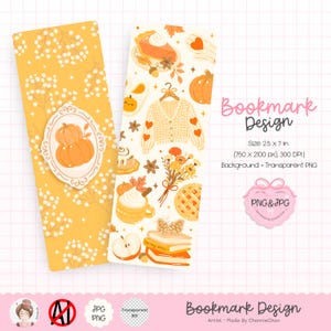 Könnte beinhalten: Zwei dekorative Lesezeichen mit herbstlichen Designs. Eines zeigt einen Kürbis in einem ovalen Rahmen, das andere einen Pullover, Kuchen und andere Herbstelemente. Der Text "Bookmark Design" ist sichtbar. Jedes Lesezeichen ist etwa 18 cm lang.