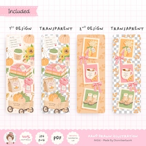 May include: Two digital bookmark designs featuring autumn themes. The first design displays a to-do list, coffee cup, sunflowers, stacked books, pumpkin cookies, and a wagon with pumpkins. The second design shows three postage stamp frames with corn, a mug, and boots, accented by pink gingham bows.