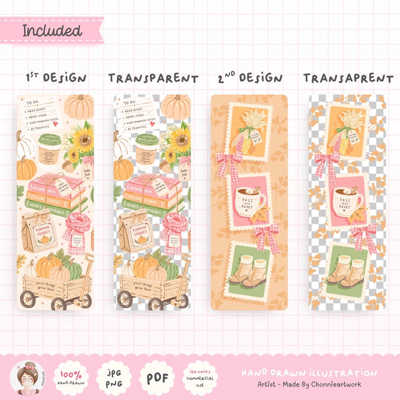 May include: Two digital bookmark designs featuring autumn themes. The first design displays a to-do list, coffee cup, sunflowers, stacked books, pumpkin cookies, and a wagon with pumpkins. The second design shows three postage stamp frames with corn, a mug, and boots, accented by pink gingham bows.