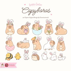 May include: A set of 90 digital clipart images featuring cute capybaras dressed in Easter-themed outfits. The capybaras are wearing bunny ears, holding flowers, and sitting in Easter eggs. There are also images of a bee, a chick, and a hedgehog.