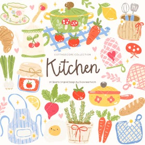 Op de afbeelding: Een verzameling cottagecore keuken-thema clipart. Bevat een groene pot met paddenstoelen, tomaten, wortelen, een theepot met kersen, een schort, een pot jam en het woord "Kitchen".