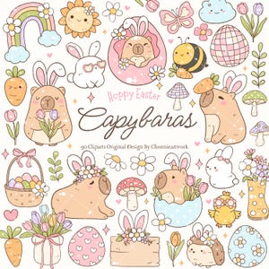 May include: A set of 90 Easter-themed clipart images featuring capybaras, bunnies, butterflies, eggs, flowers, and other spring elements. The images are in a cartoon style and feature bright colors. The text "Hoppy Easter Capybaras" is included in the image.