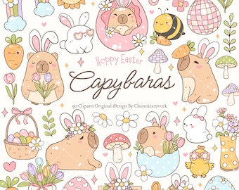 Hoppy Easter Capybaras Clipart Set SVG PNG Groovy Capybara Spring Garden Flower Hippie Capybara Easter Capybara Easter Eggs Flower Nature