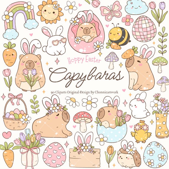 Hoppy Easter Capybaras Clipart Set SVG PNG Groovy Capybara Spring Garden Flower Hippie Capybara Easter Capybara Easter Eggs Flower Nature