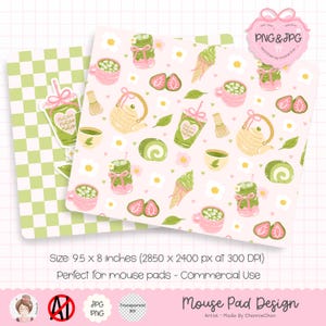May include: Two mouse pad designs. One features a green and white checkered pattern. The other has a pink background with matcha-themed illustrations, including tea cups, matcha drinks, and strawberries. The text reads "Matcha Matcha". The size is 9.5 x 8 inches.