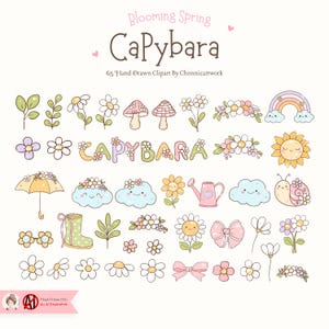 May include: A collection of 65 hand-drawn spring-themed clipart elements. The design includes flowers, mushrooms, rainbows, clouds, a sun, a snail, an umbrella, a watering can, a boot, and bows. The word "Capybara" is also featured. The text "Blooming Spring" is at the top.