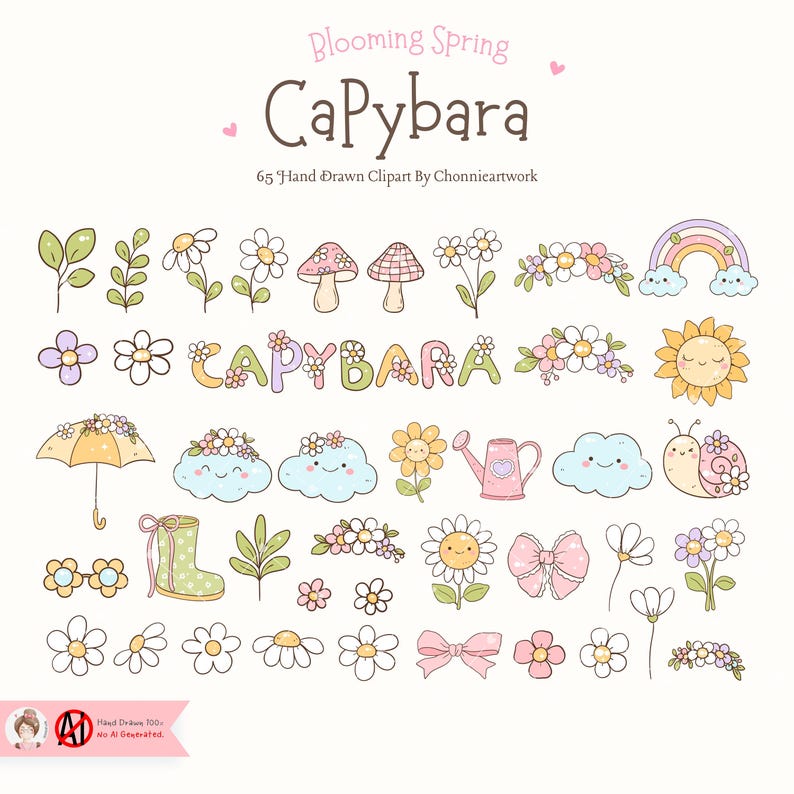 May include: A collection of 65 hand-drawn spring-themed clipart elements. The design includes flowers, mushrooms, rainbows, clouds, a sun, a snail, an umbrella, a watering can, a boot, and bows. The word "Capybara" is also featured. The text "Blooming Spring" is at the top.