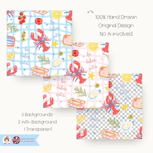 May include: Three patterned backgrounds with a food theme. The designs feature red lobsters, lemons, sardines, and the text "la dolce vita". Two backgrounds have a blue and pink checkered pattern, while the third is transparent.
