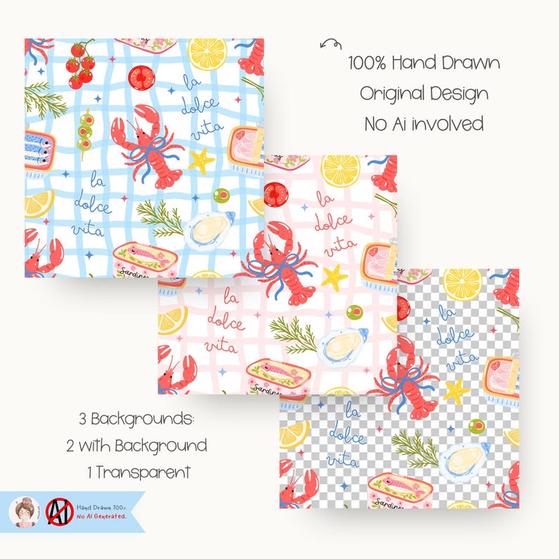 May include: Three patterned backgrounds with a food theme. The designs feature red lobsters, lemons, sardines, and the text "la dolce vita". Two backgrounds have a blue and pink checkered pattern, while the third is transparent.