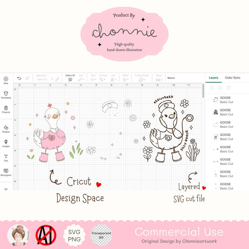 Puede incluir: Un dise&ntilde;o digital de un ganso con uniforme de enfermera y estetoscopio. El ganso sostiene un cartel que dice "Silly Goose". El dise&ntilde;o est&aacute; en capas y listo para ser cortado con una m&aacute;quina Cricut.